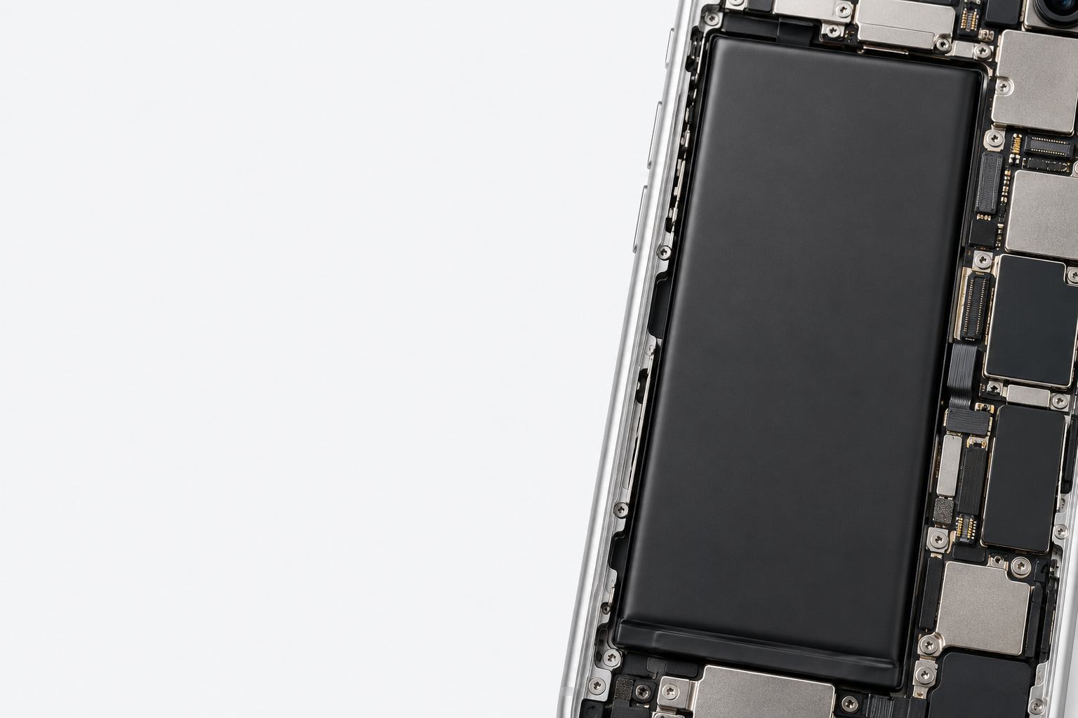 Detail of a phone battery inside its silver housing