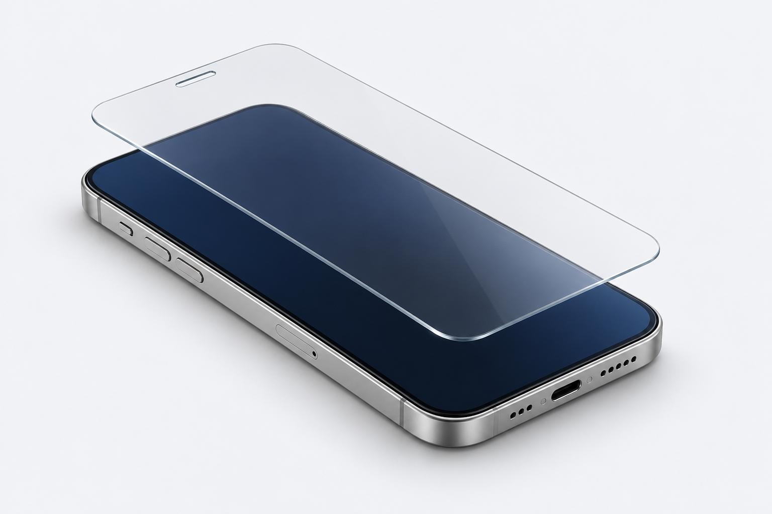 Clear glass screen protector floating above a silver phone