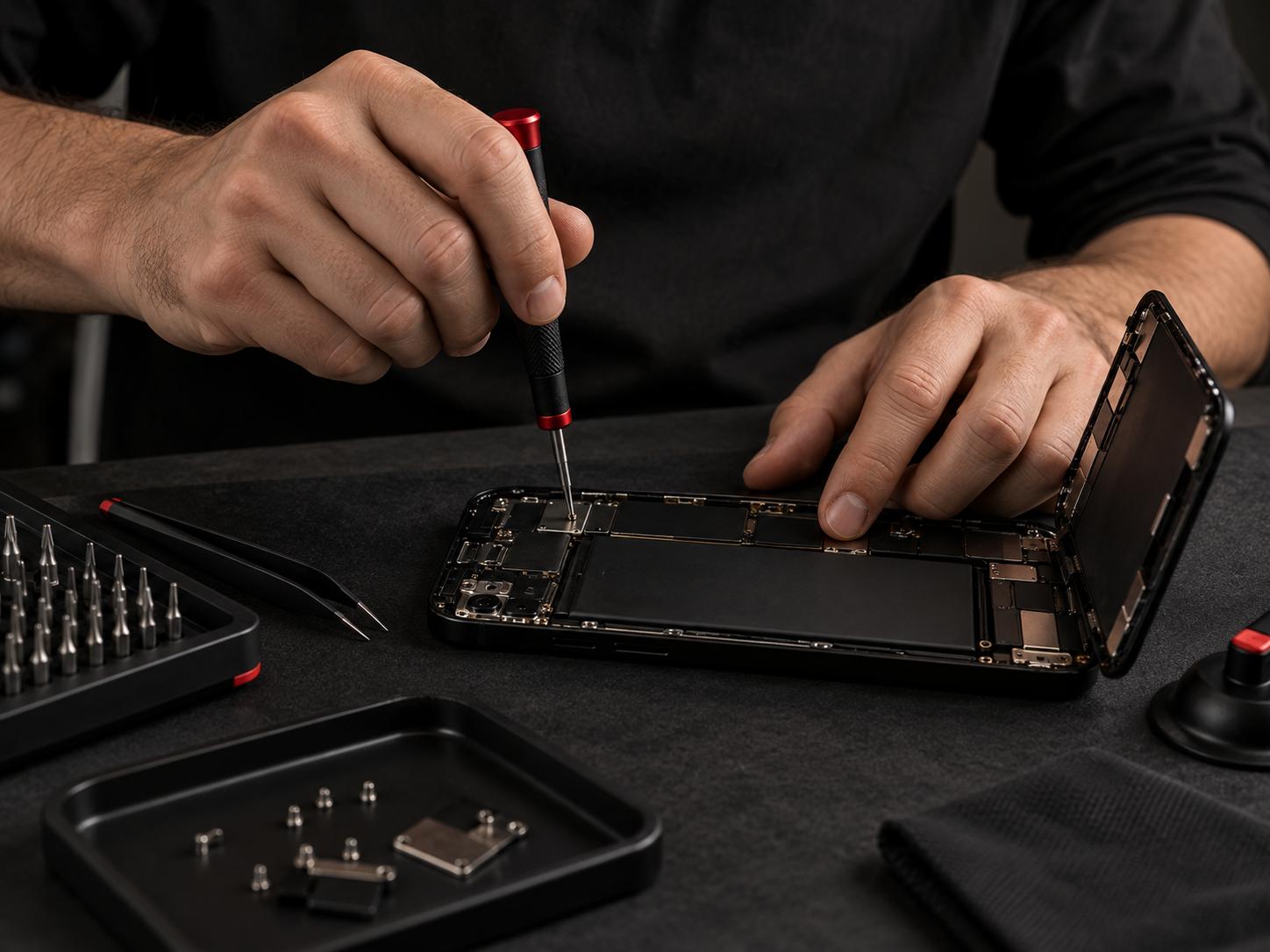 A technician carefully repairing the internal components of a smartphone